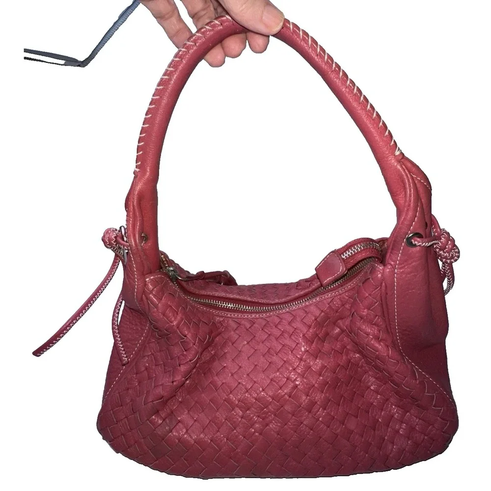 TALBOTS Woven Hot Pink Leather Hobo Shoulder Bag-Tassels-MEDIUM